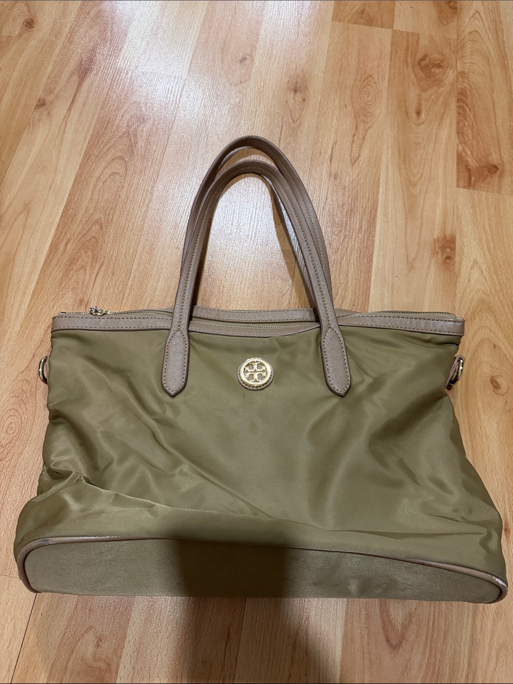 Tory Burch Tan Nylon Tote with Taupe Leather Handles and Gold Logo